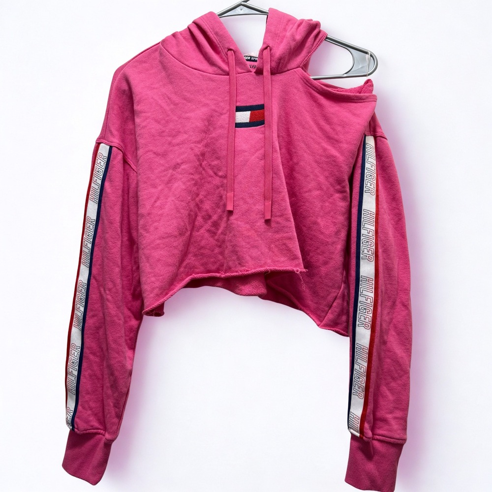 Tommy Hilfiger Sport Pink Cut Out Crop‎ Hoodie Sweatshirt Women's Size M